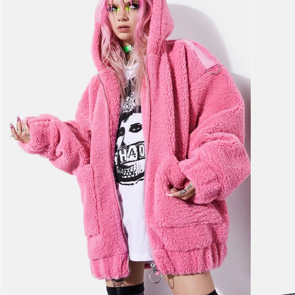 DollsKill Teenage Kicks Teddy Hoodie Jacket Pink Medium Current Mood